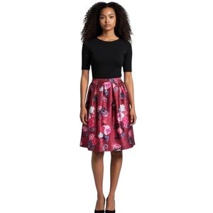 Toi et Moi Red Satin Midi A like Skirt with Floral Print size Large